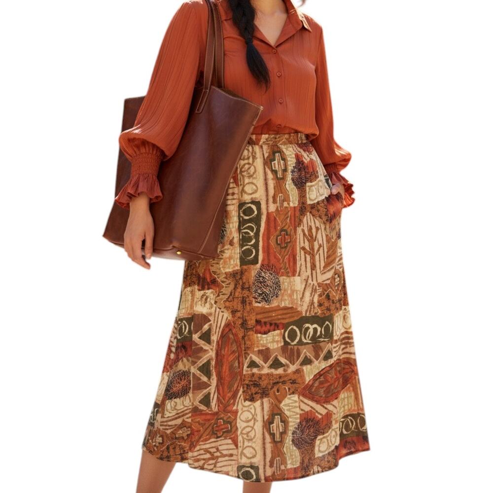 Vintage 90s Abstract Print Midi Skirt Sz Large